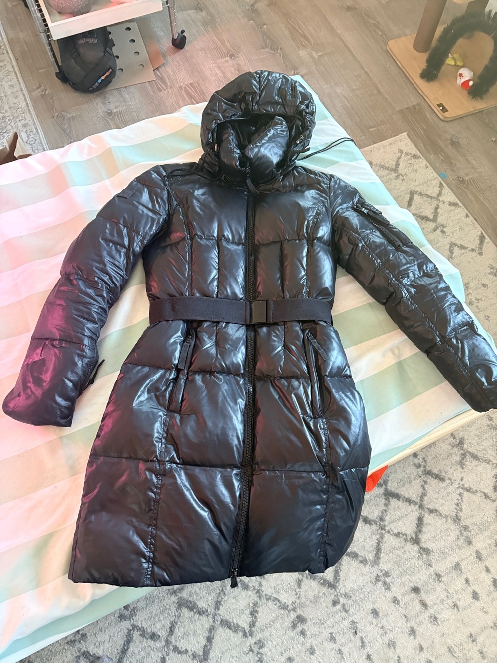 SAM. Black Quilted Belted Puffer Coat with Hood
